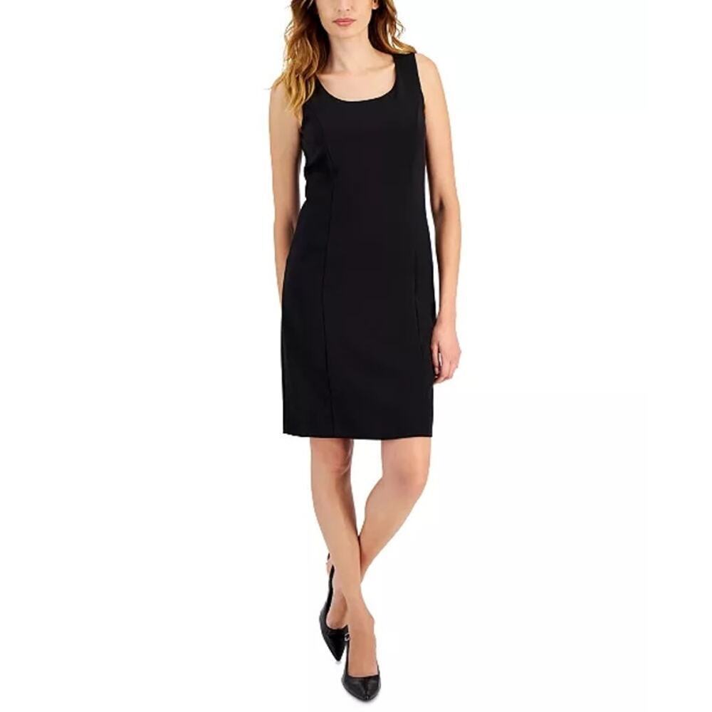 Tahari sz 8 black lined sheath dress scoop neck business proffesional midi EUC